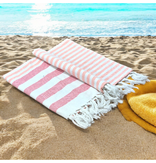 Coral - Cotton Hammam Beach Towel with reversible Toweling Coral - Cotton Hammam Beach Towel with reversible Toweling