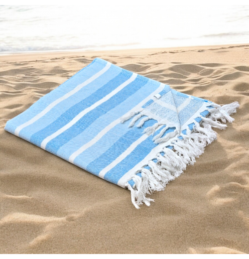 Azure - Cotton Hammam Beach Towel with reversible Toweling Azure - Cotton Hammam Beach Towel with reversible Toweling