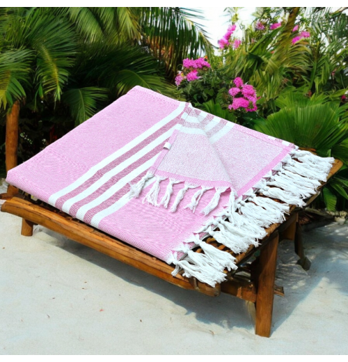 Pink - Cotton Hammam Beach Towel with reversible Toweling Pink - Cotton Hammam Beach Towel with reversible Toweling
